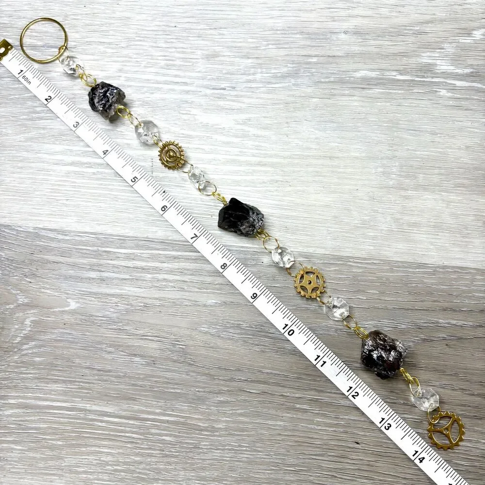 Raw Smoky Quartz Hanging | Steampunk Gear Charm | Grounding Stone Stress Relief